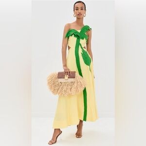 ‼️RARE‼️🎸FARM RIO🎸🔥NWT🔥Palm Tree Cutwork Midi Dress in Yellow— Size M